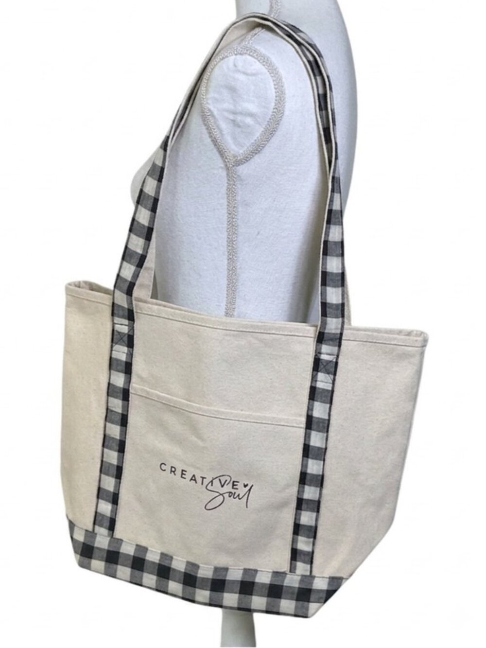Large Tote Heavyweight Canvas Black White Neutral Tan Gingham Buffalo Plaid